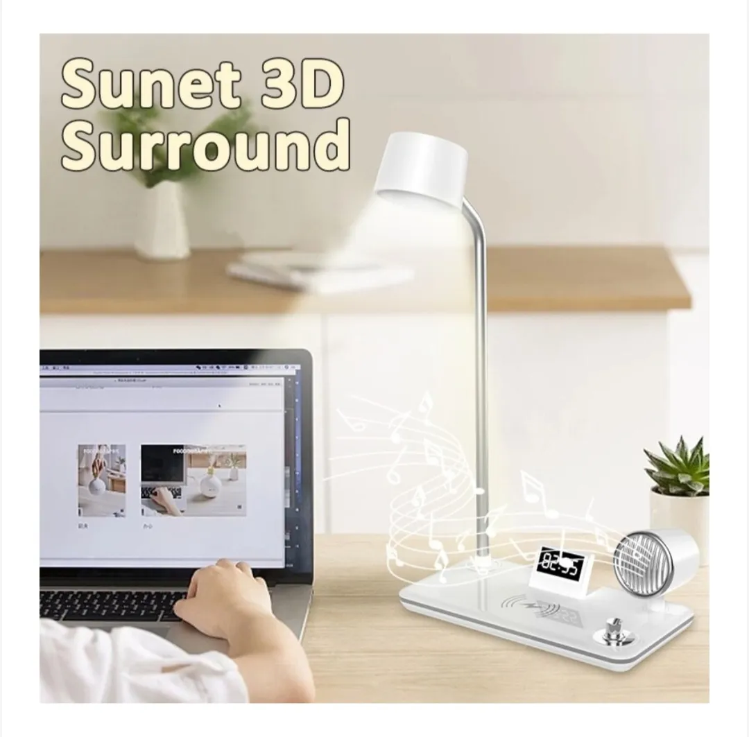 مصباح مكتبي LED بشاحن لاسلكي ٤ في ١ مع مكبر صوت بلوتوث وساعة 2