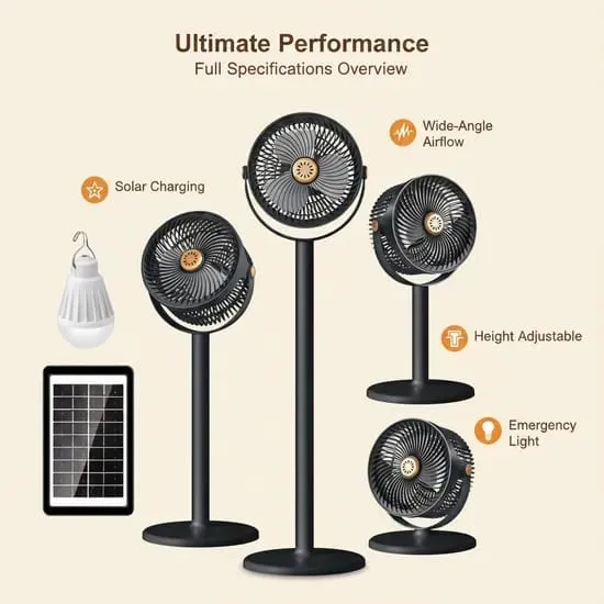 مروحة أرضية تعمل بالطاقة الشمسية مزودة بإضاءة LED